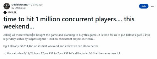 《博德3》玩家呼吁周末同时玩游戏 期待在线数破百万